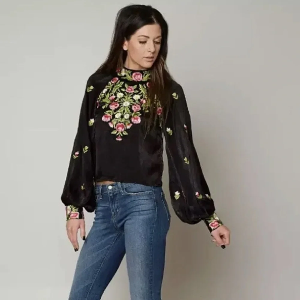 Free People High Neck Embroidered Jessica Blouse XS